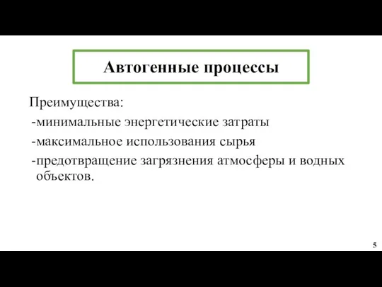 Преимущества: минимальные энергетические затраты максимальное использования сырья предотвращение загрязнения атмосферы и водных объектов. Автогенные процессы 5