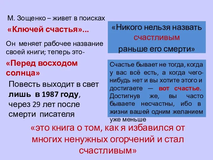 М. Зощенко – живет в поисках «Ключей счастья»... Он меняет рабочее