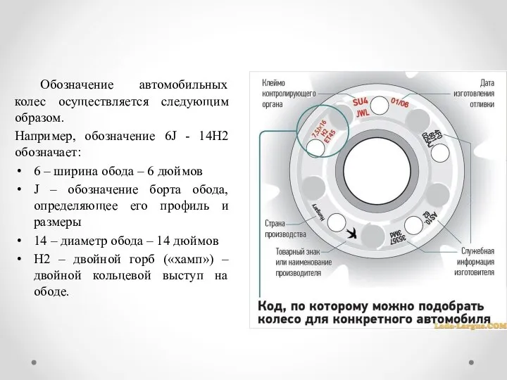 Обозначение автомобильных колес осуществляется следующим образом. Например, обозначение 6J - 14Н2