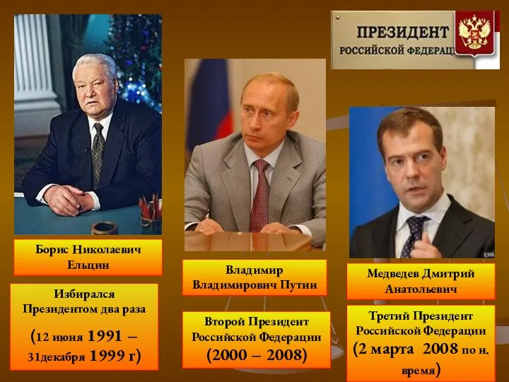 Избирался Президентом два раза (12 июня 1991 – 31декабря 1999 г)