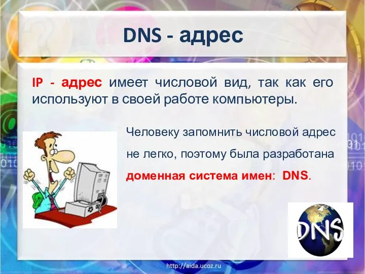 DNS - адрес IP - адрес имеет числовой вид, так как