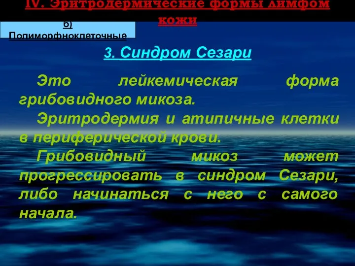 ІV. Эритродермические формы лимфом кожи 3. Синдром Сезари б) Полиморфноклеточные Это