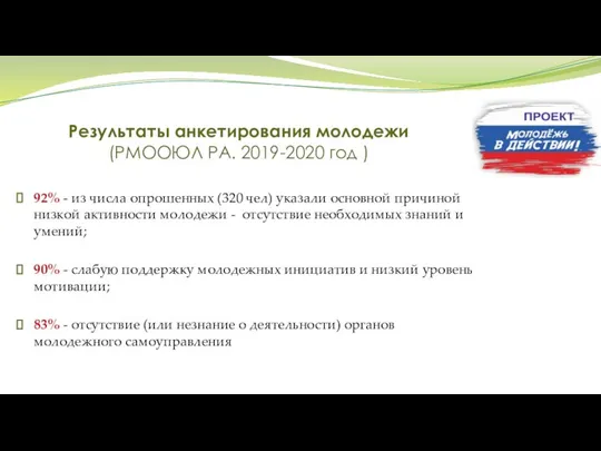 Результаты анкетирования молодежи (РМООЮЛ РА. 2019-2020 год ) 92% - из