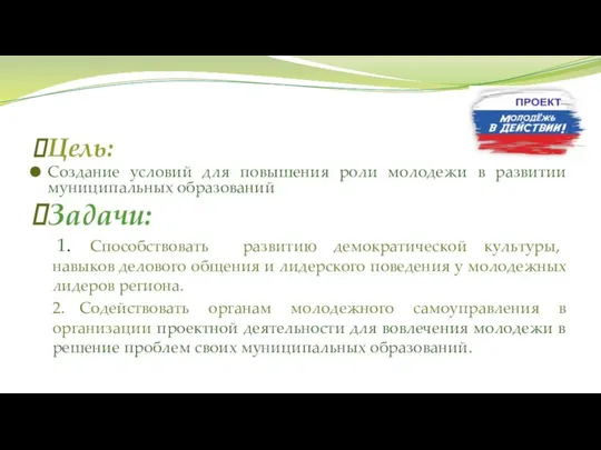 Цель: Создание условий для повышения роли молодежи в развитии муниципальных образований