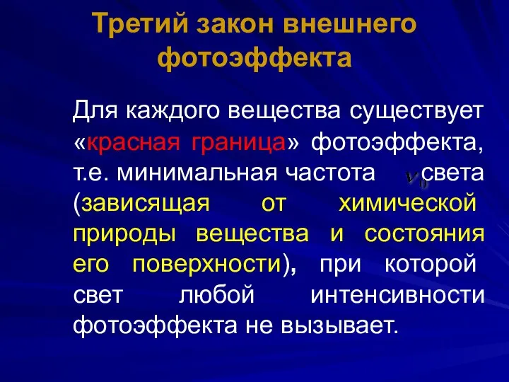 Третий закон внешнего фотоэффекта Для каждого вещества существует «красная граница» фотоэффекта,