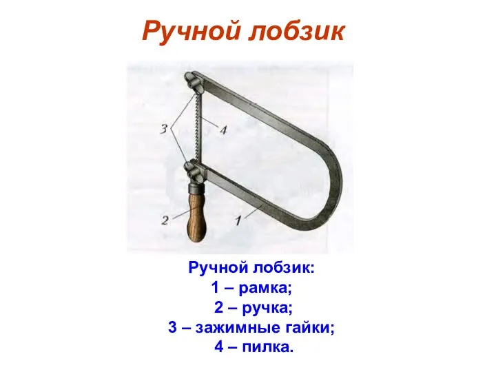 Ручной лобзик Ручной лобзик: 1 – рамка; 2 – ручка; 3