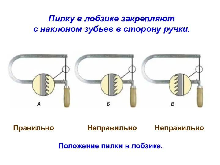 Пилку в лобзике закрепляют с наклоном зубьев в сторону ручки. Правильно