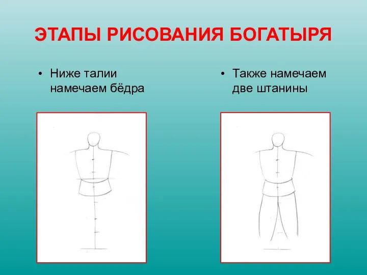 Ниже талии намечаем бёдра Также намечаем две штанины ЭТАПЫ РИСОВАНИЯ БОГАТЫРЯ