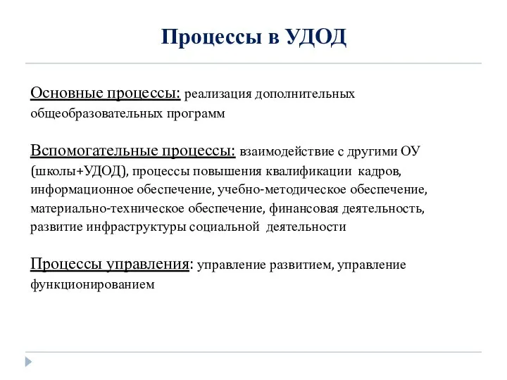 Процессы в УДОД Основные процессы: реализация дополнительных общеобразовательных программ Вспомогательные процессы: