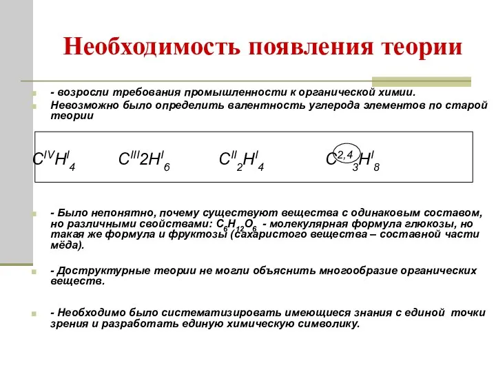 Необходимость появления теории - возросли требования промышленности к органической химии. Невозможно