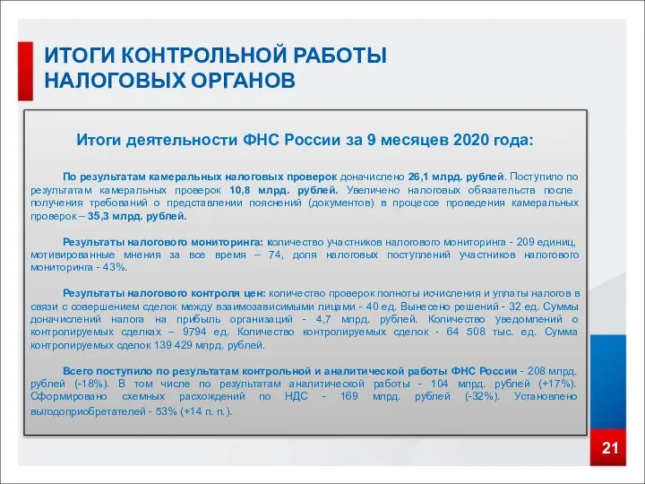 21 ИТОГИ КОНТРОЛЬНОЙ РАБОТЫ НАЛОГОВЫХ ОРГАНОВ Итоги деятельности ФНС России за