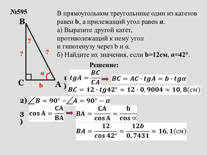 №595 b α ? В прямоугольном треугольнике один из катетов равен