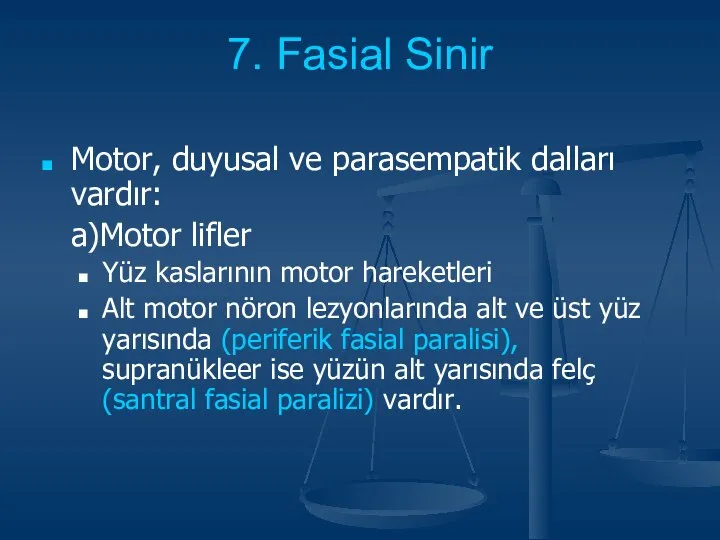 7. Fasial Sinir Motor, duyusal ve parasempatik dalları vardır: a)Motor lifler