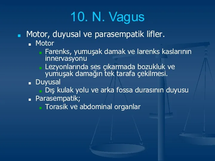 10. N. Vagus Motor, duyusal ve parasempatik lifler. Motor Farenks, yumuşak