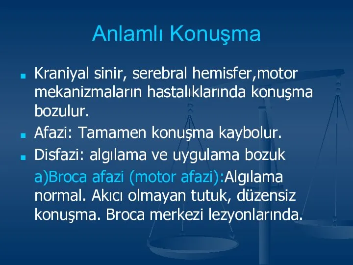 Anlamlı Konuşma Kraniyal sinir, serebral hemisfer,motor mekanizmaların hastalıklarında konuşma bozulur. Afazi: