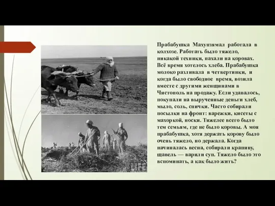 Прабабушка Махупзямал работала в колхозе. Работать было тяжело, никакой техники, пахали