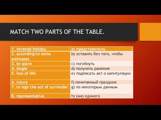 MATCH TWO PARTS OF THE TABLE.