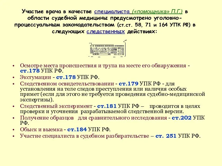 Участие врача в качестве специалиста («помощника» П.Г.) в области судебной медицины