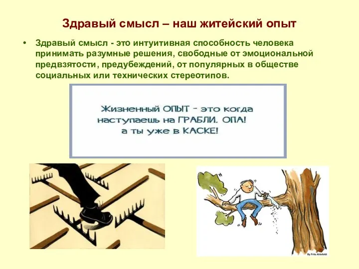 Здравый смысл – наш житейский опыт Здравый смысл - это интуитивная