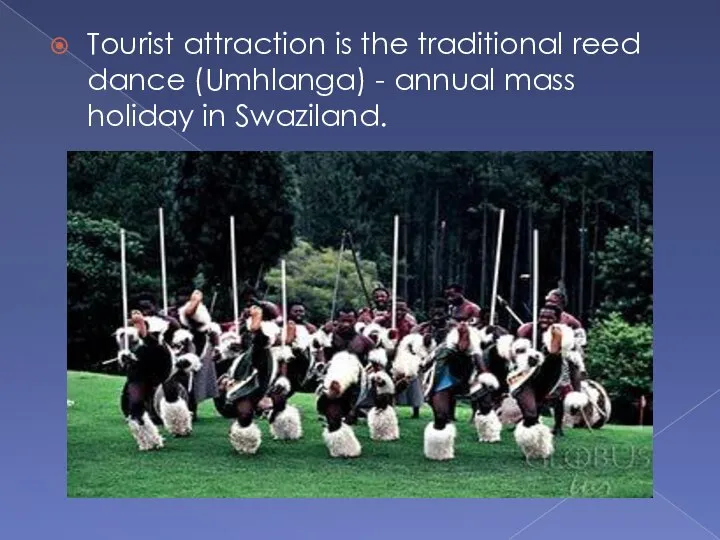 Tourist attraction is the traditional reed dance (Umhlanga) - annual mass holiday in Swaziland.