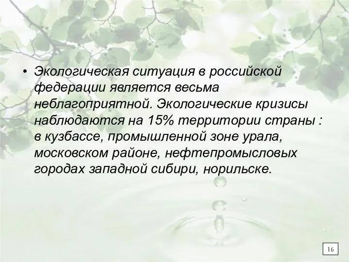 Экологическая ситуация в российской федерации является весьма неблагоприятной. Экологические кризисы наблюдаются