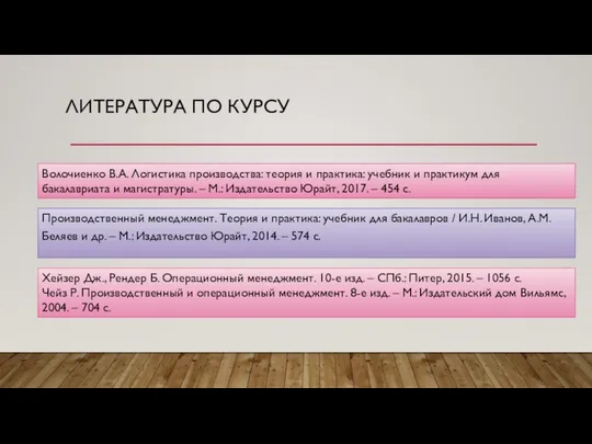 ЛИТЕРАТУРА ПО КУРСУ Производственный менеджмент. Теория и практика: учебник для бакалавров