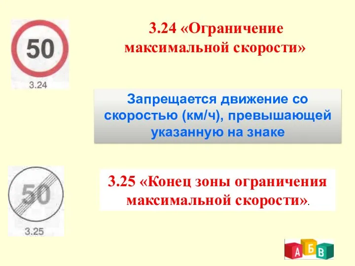 3.24 «Ограничение максимальной скорости» Запрещается движение со скоростью (км/ч), превышающей указанную