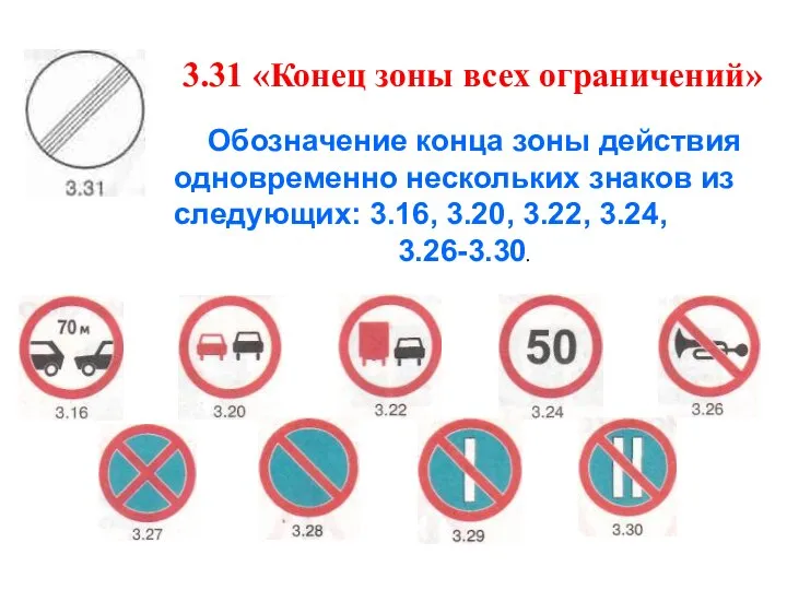 3.31 «Конец зоны всех ограничений» Обозначение конца зоны действия одновременно нескольких