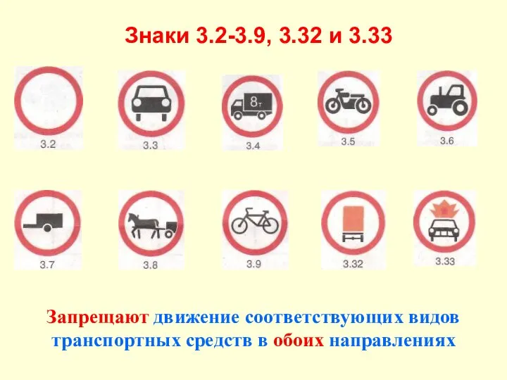 Знаки 3.2-3.9, 3.32 и 3.33 Запрещают движение соответствующих видов транспортных средств в обоих направлениях