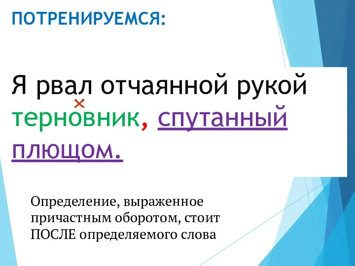 ПОТРЕНИРУЕМСЯ: Я рвал отчаянной рукой терновник, спутанный плющом. Определение, выраженное причастным оборотом, стоит ПОСЛЕ определяемого слова