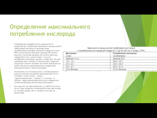 Определение максимального потребления кислорода К.Купером был разработан его знаменитый 12-минутный тест.