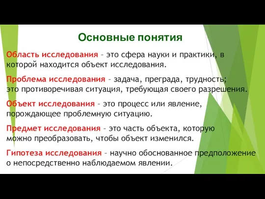 Основные понятия Область исследования – это сфера науки и практики, в