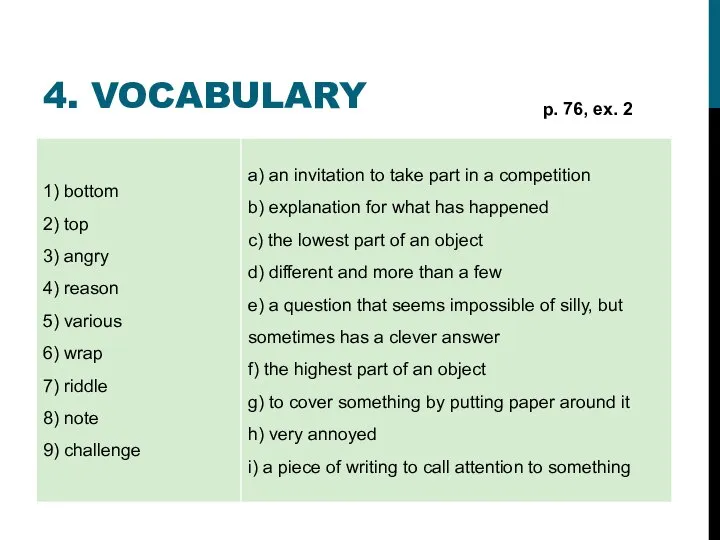 4. VOCABULARY p. 76, ex. 2