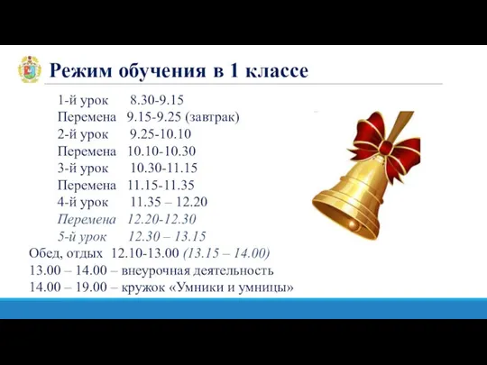 Режим обучения в 1 классе 1-й урок 8.30-9.15 Перемена 9.15-9.25 (завтрак)