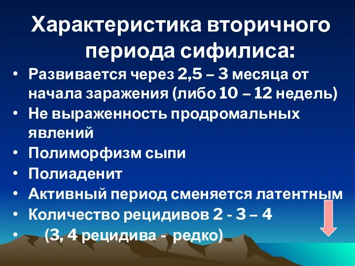 Характеристика вторичного периода сифилиса: Развивается через 2,5 – 3 месяца от