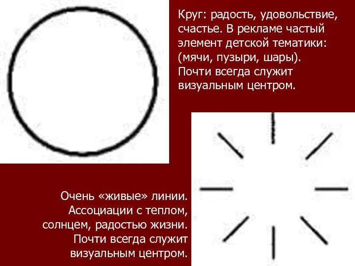 Круг: радость, удовольствие, счастье. В рекламе частый элемент детской тематики: (мячи,