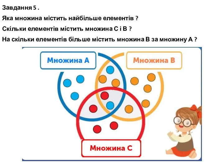 Завдання 5 . Яка множина містить найбільше елементів ? Скільки елементів