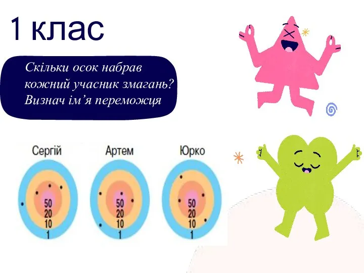 1 клас Скільки осок набрав кожний учасник змагань? Визнач ім’я переможця