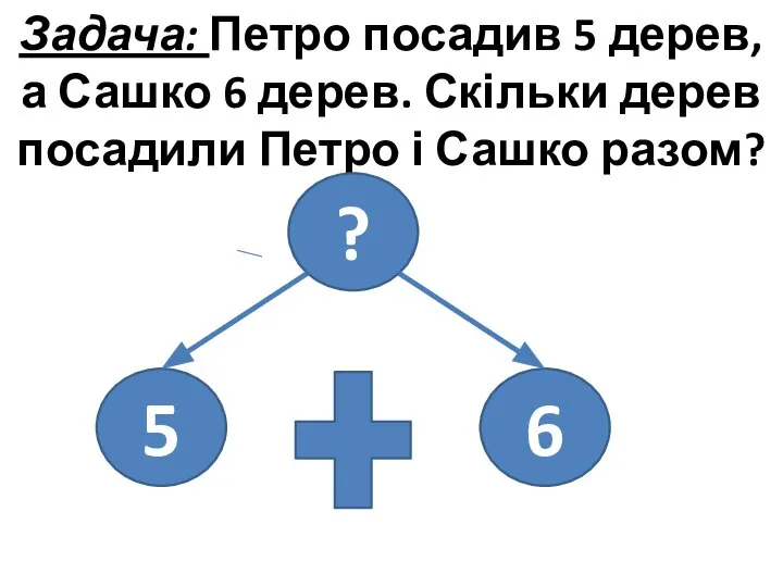 Задача: Петро посадив 5 дерев, а Сашко 6 дерев. Скільки дерев