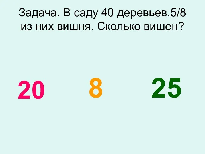 Задача. В саду 40 деревьев.5/8 из них вишня. Сколько вишен? 25 8 20