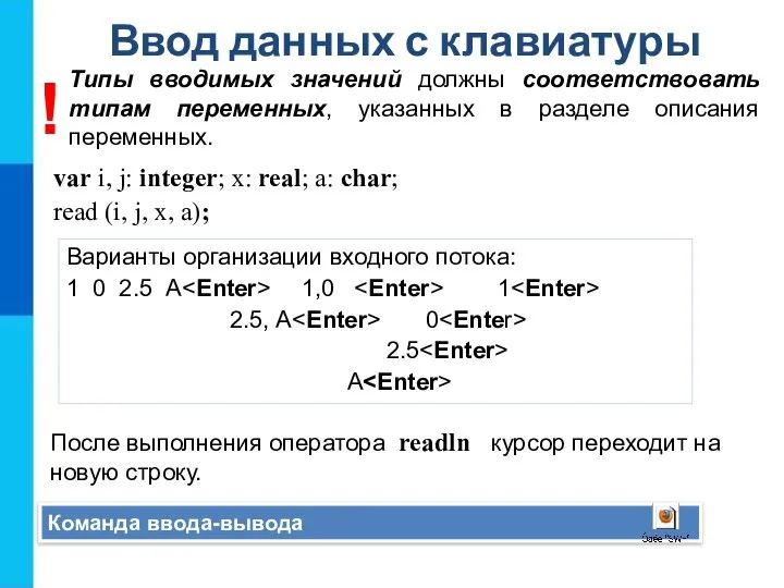 Ввод данных с клавиатуры Команда ввода-вывода var i, j: integer; x: