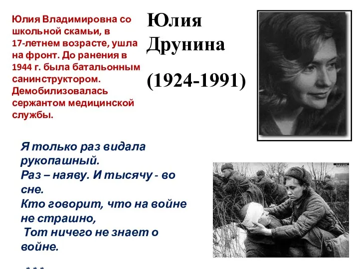 Юлия Друнина (1924-1991) Юлия Владимировна со школьной скамьи, в 17-летнем возрасте,