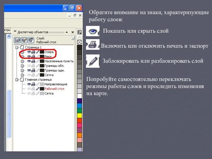 Обратите внимание на знаки, характеризующие работу слоев: Показать или скрыть слой