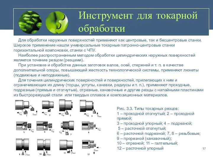 Инструмент для токарной обработки Для обработки наружных поверхностей применяют как центровые,