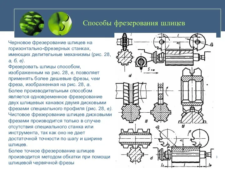 Способы фрезерования шлицев Черновое фрезерование шлицев на горизонтально-фрезерных станках, имеющих делительные