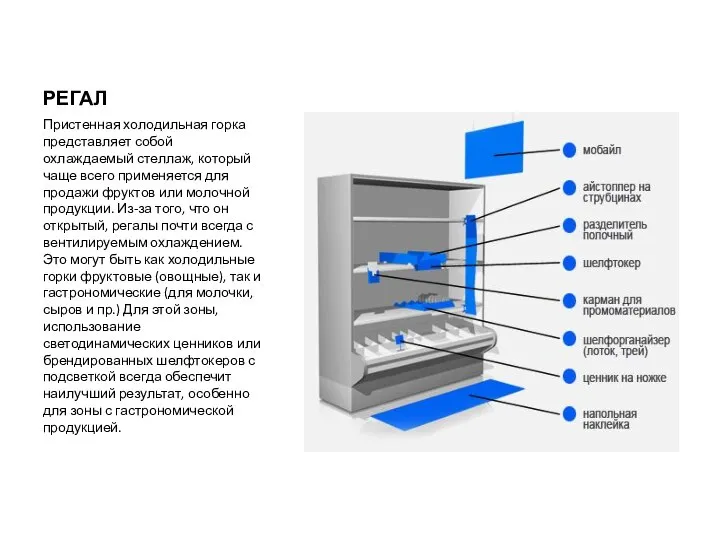 РЕГАЛ Пристенная холодильная горка представляет собой охлаждаемый стеллаж, который чаще всего