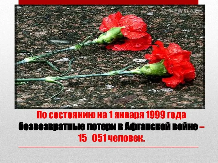 По состоянию на 1 января 1999 года безвозвратные потери в Афганской войне – 15 051 человек.