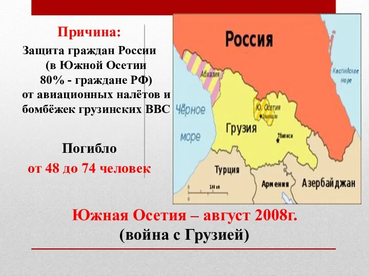 Южная Осетия – август 2008г. (война с Грузией) Причина: Защита граждан