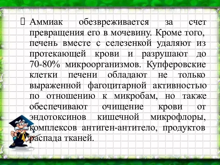 Аммиак обезвреживается за счет превращения его в мочевину. Кроме того, печень