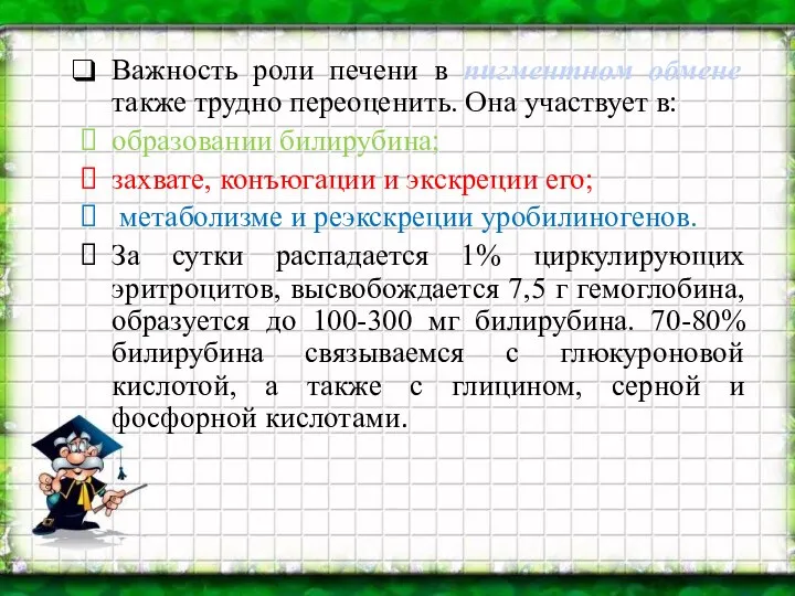 Важность роли печени в пигментном обмене также трудно переоценить. Она участвует